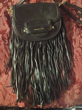 Michael Kors Black Leather Fringe Crossbody Bag with Gold Accents